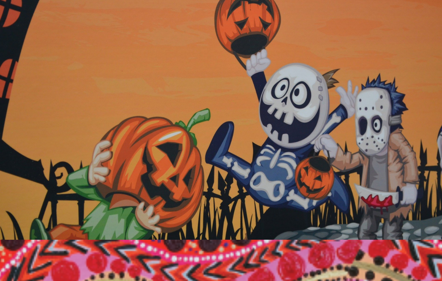 cartoon of skeletons in a pumpkin patch