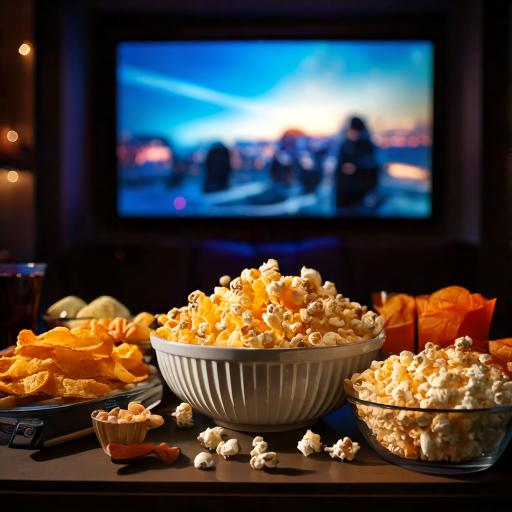 Popcorn in the foreground and a TV screen in the background