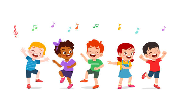 Illustration of little kids dancing with friends and smiling
