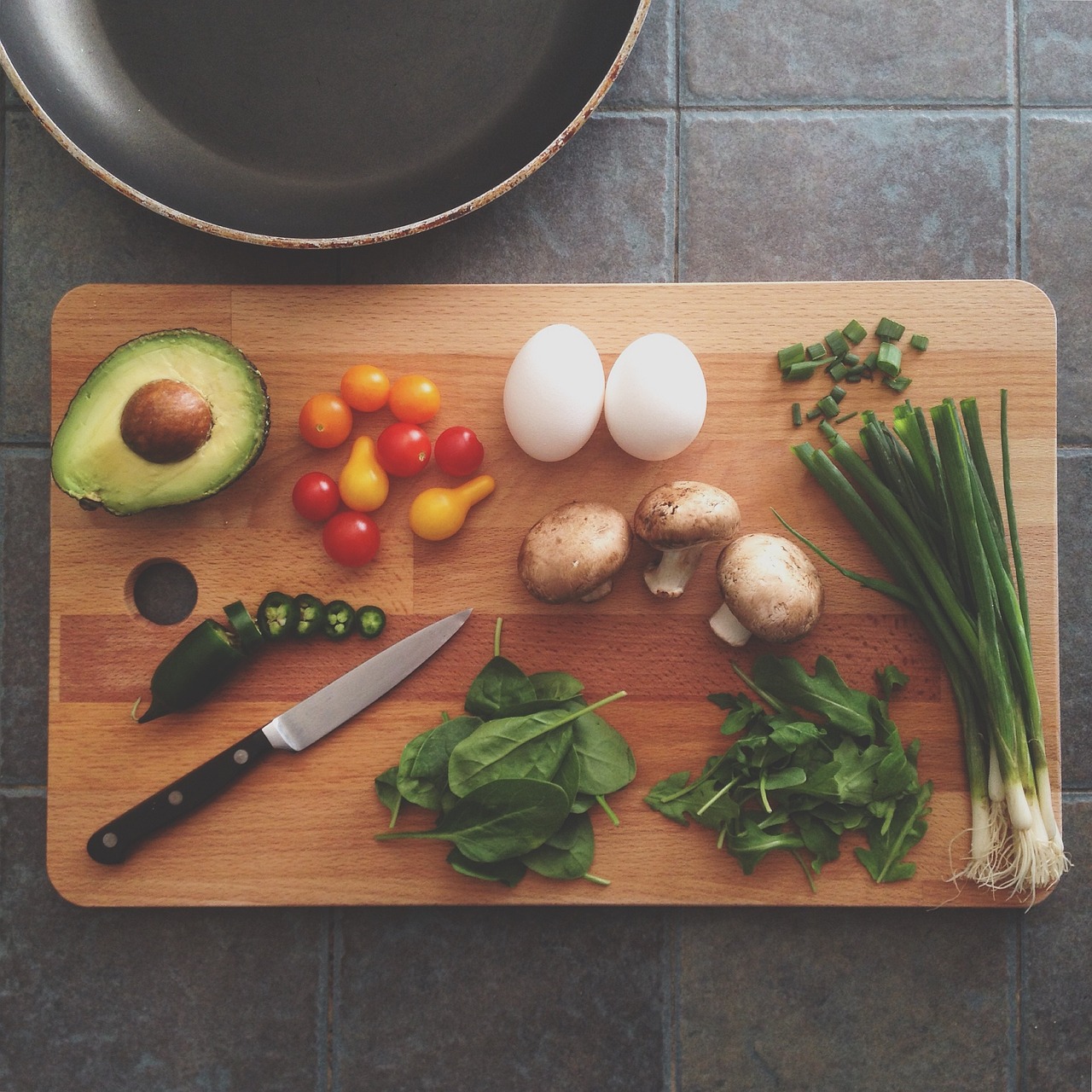 Healthy food on a cutting board for food prep