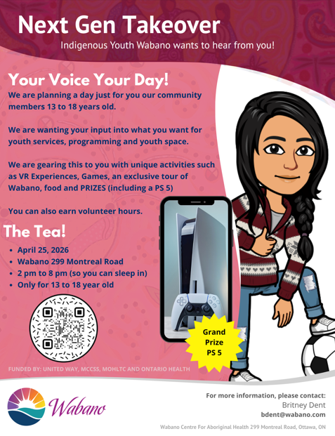 Poster with a cartoon image of an Indigenous girl with thumbs up and cell phone showing a PS 5 the grand prize