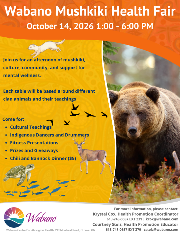 poster about the health fair. it is orange and yellow and has a bear on the right.